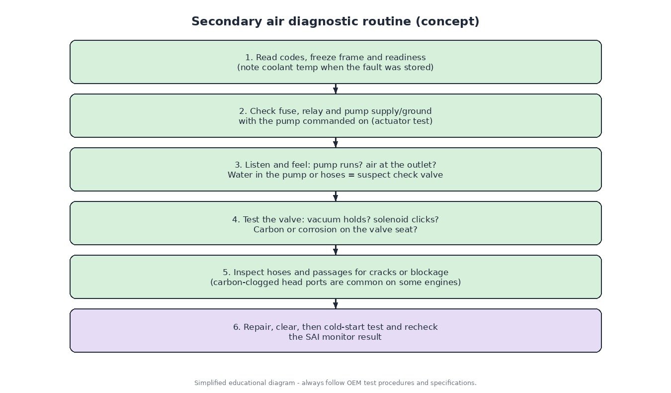 Six-step secondary air injection diagnostic routine: codes and freeze frame, fuse and relay, pump airflow, valve vacuum test, passage inspection, cold-start retest