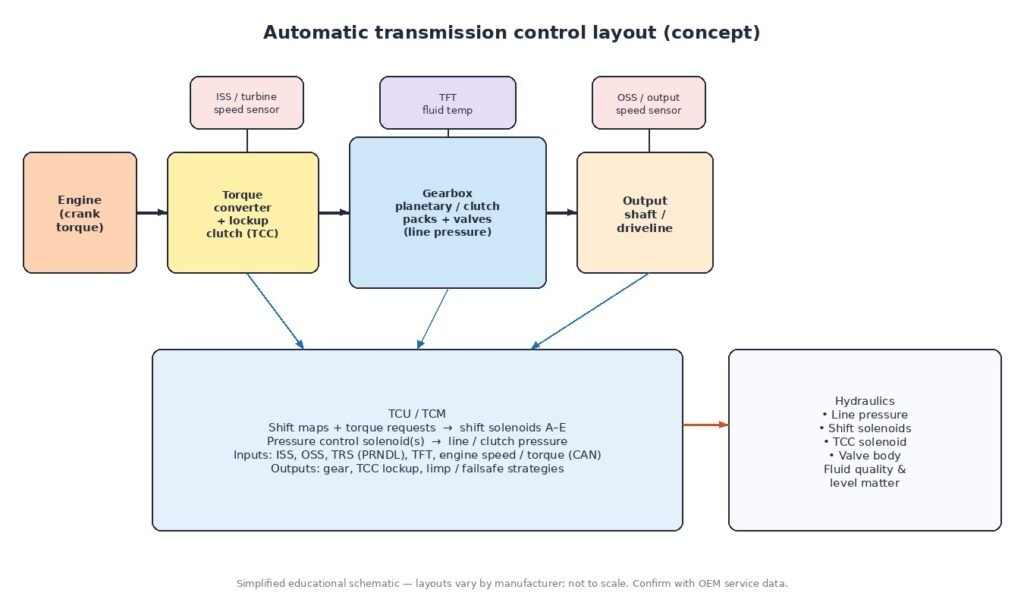 Educational schematic of an automatic transmission: engine, torque converter with lockup clutch, gearbox with line pressure, output shaft, and TCU with ISS OSS TFT solenoids