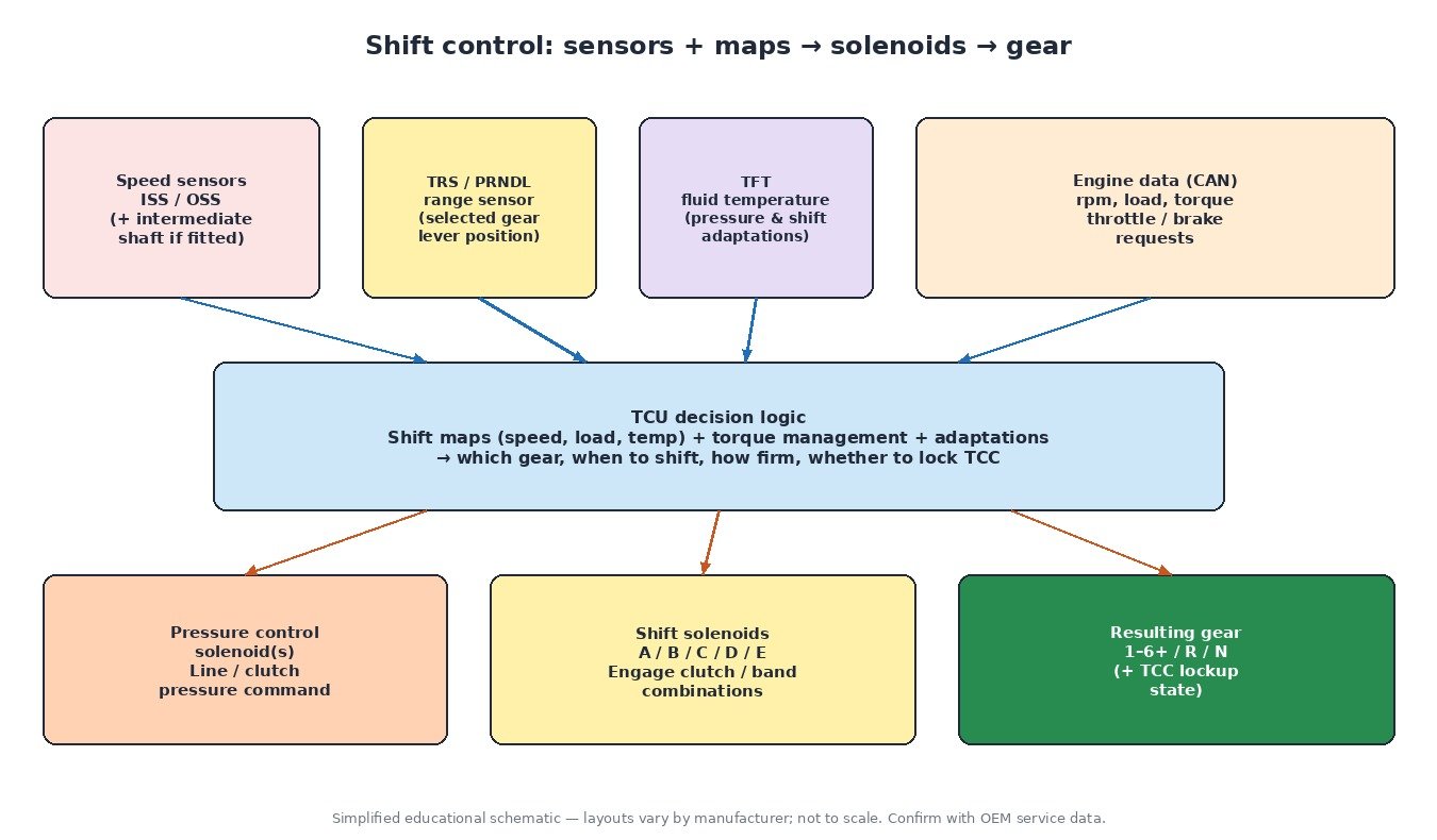 Concept diagram of TCU shift control: speed sensors, TRS, TFT and engine data feeding shift maps that command pressure control and shift solenoids to select gear