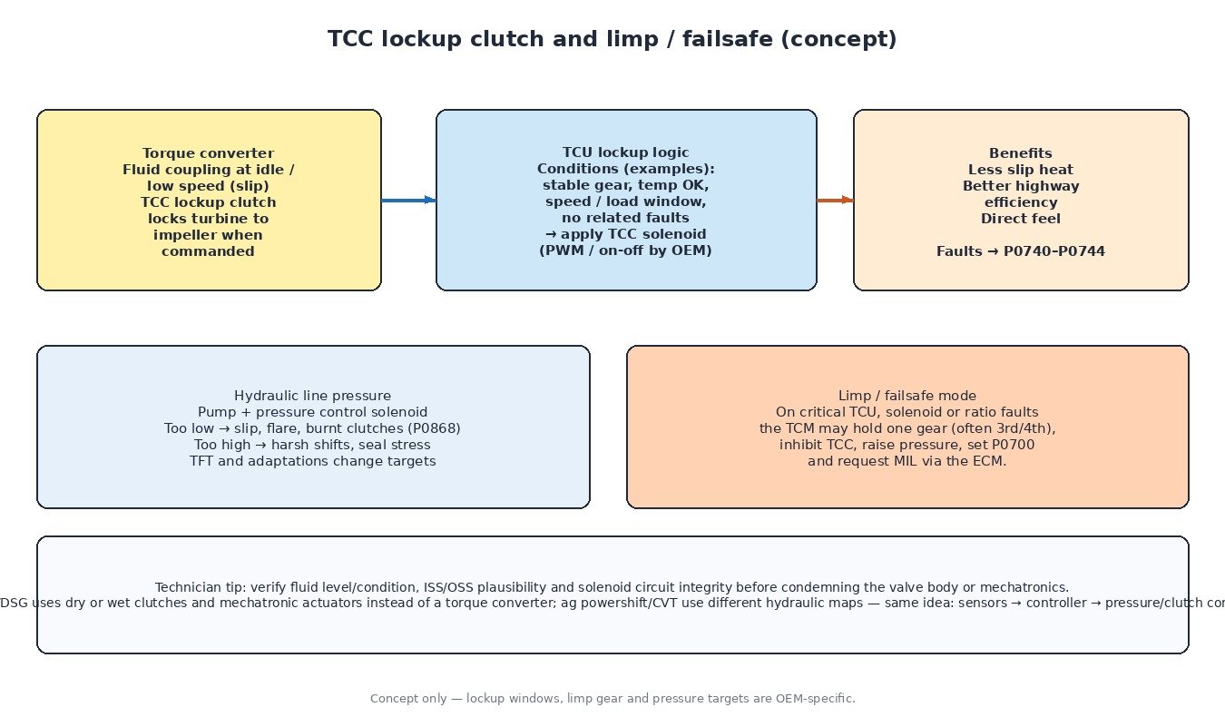 Concept diagram of torque converter clutch lockup logic, hydraulic line pressure control, and transmission limp failsafe mode
