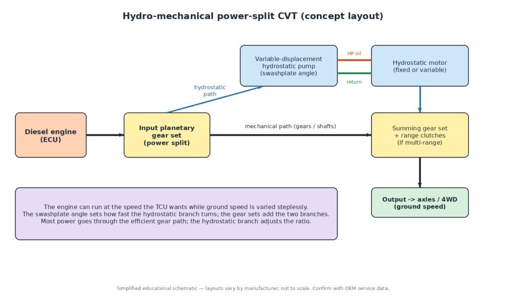 Diagram of a hydro-mechanical power-split tractor CVT: diesel engine, input planetary gear set splitting power into a mechanical gear path and a hydrostatic pump and motor path, summing gear set with range clutches and output to the axles