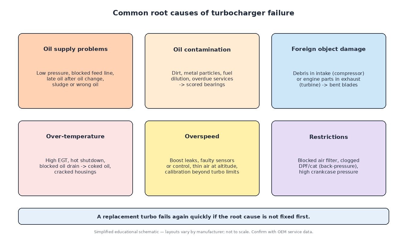 Diagram of six common root causes of turbocharger failure: oil supply problems, oil contamination, foreign object damage, over-temperature, overspeed and intake or exhaust restrictions