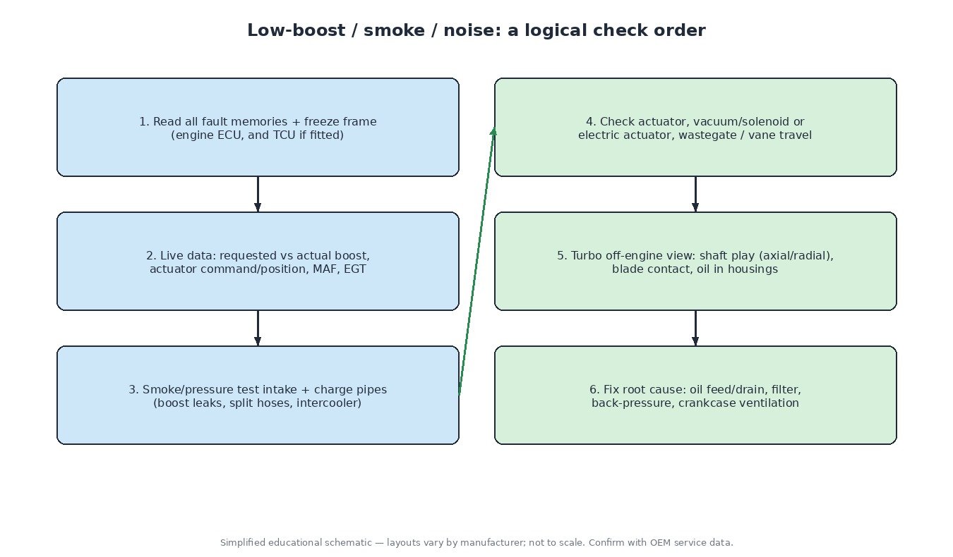 Flowchart of a six-step turbocharger diagnostic order: read fault memories, check live boost data, smoke test the intake, test the actuator, inspect the turbo for shaft play and damage, and fix the root cause
