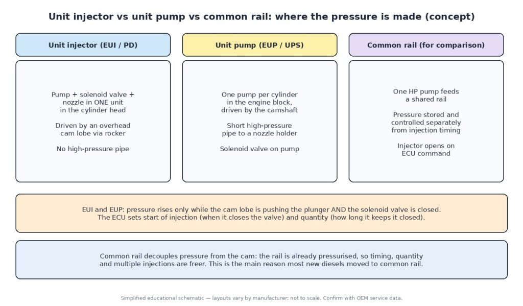 Comparison diagram of diesel unit injector, unit pump and common rail systems showing where injection pressure is generated and how the ECU solenoid valve controls start and quantity of injection