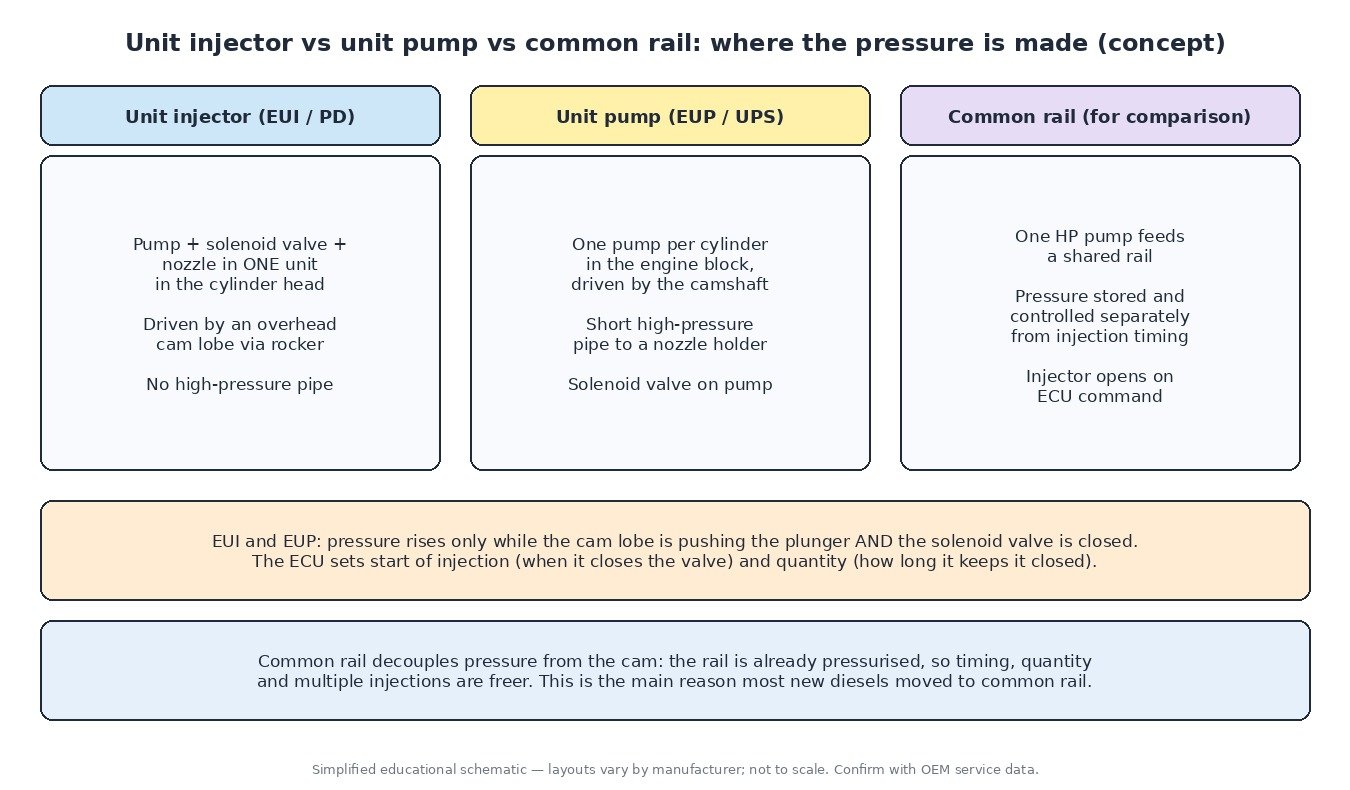 Comparison diagram of diesel unit injector, unit pump and common rail systems showing where injection pressure is generated and how the ECU solenoid valve controls start and quantity of injection