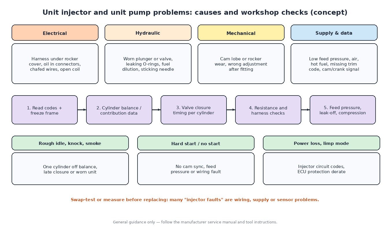Unit injector and unit pump fault diagnostics: electrical, hydraulic, mechanical and supply causes, a five-step workshop routine and typical symptoms such as rough idle, hard start and power loss