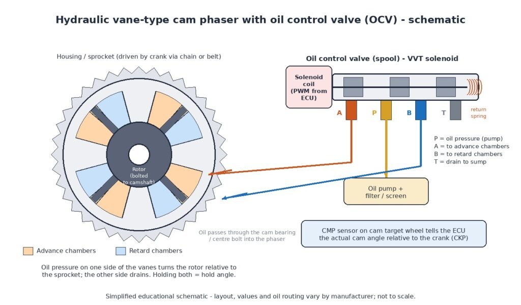 Vane-type hydraulic cam phaser schematic with advance and retard chambers, oil control valve (OCV) spool and oil passages
