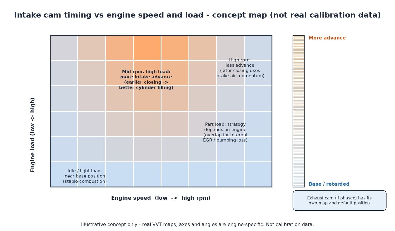 Concept map of intake cam advance and retard versus engine speed and load for variable valve timing