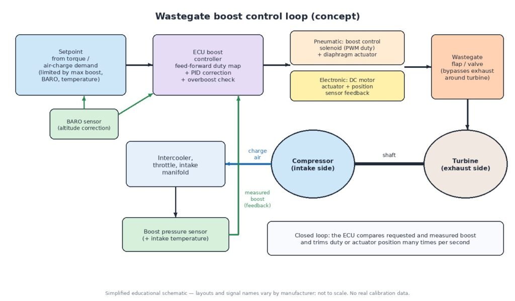 Diagram of a wastegate boost control loop: boost setpoint from torque demand with BARO correction, ECU controller with feed-forward duty map and PID correction, boost control solenoid or electronic actuator, wastegate, turbine and compressor, and boost pressure sensor feedback