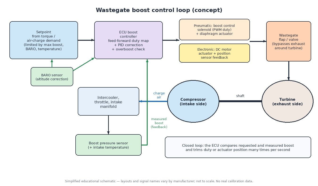 Diagram of a wastegate boost control loop: boost setpoint from torque demand with BARO correction, ECU controller with feed-forward duty map and PID correction, boost control solenoid or electronic actuator, wastegate, turbine and compressor, and boost pressure sensor feedback