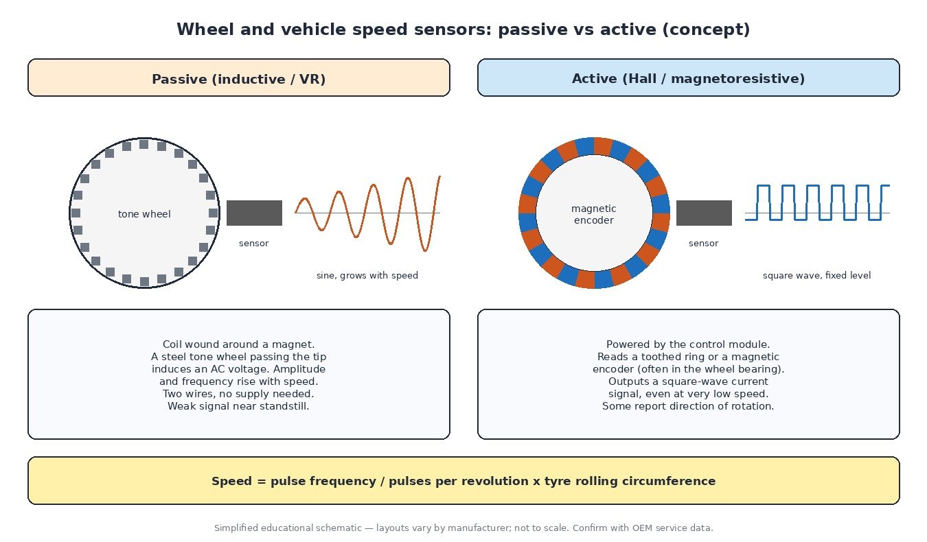 Diagram comparing a passive inductive wheel speed sensor with a steel tone wheel and sine-wave output against an active Hall sensor with a magnetic encoder and square-wave output