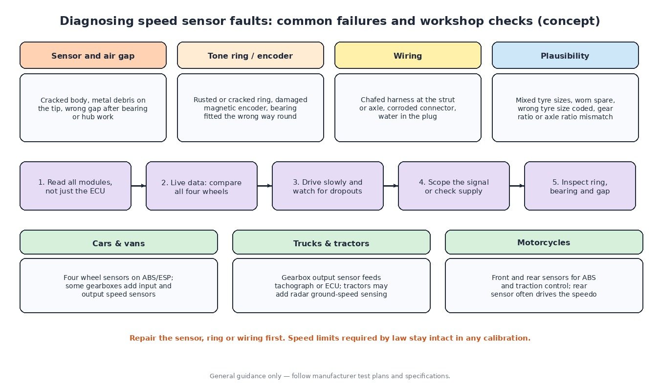 Speed sensor fault diagnostics: sensor and air gap, tone ring or encoder, wiring and plausibility causes, a five-step workshop routine and notes for cars, trucks, tractors and motorcycles