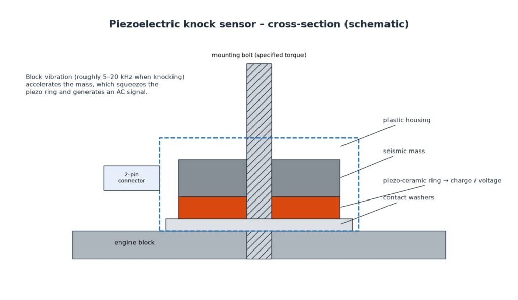 Cross-section diagram of a piezoelectric knock sensor with seismic mass, piezo ring and mounting bolt