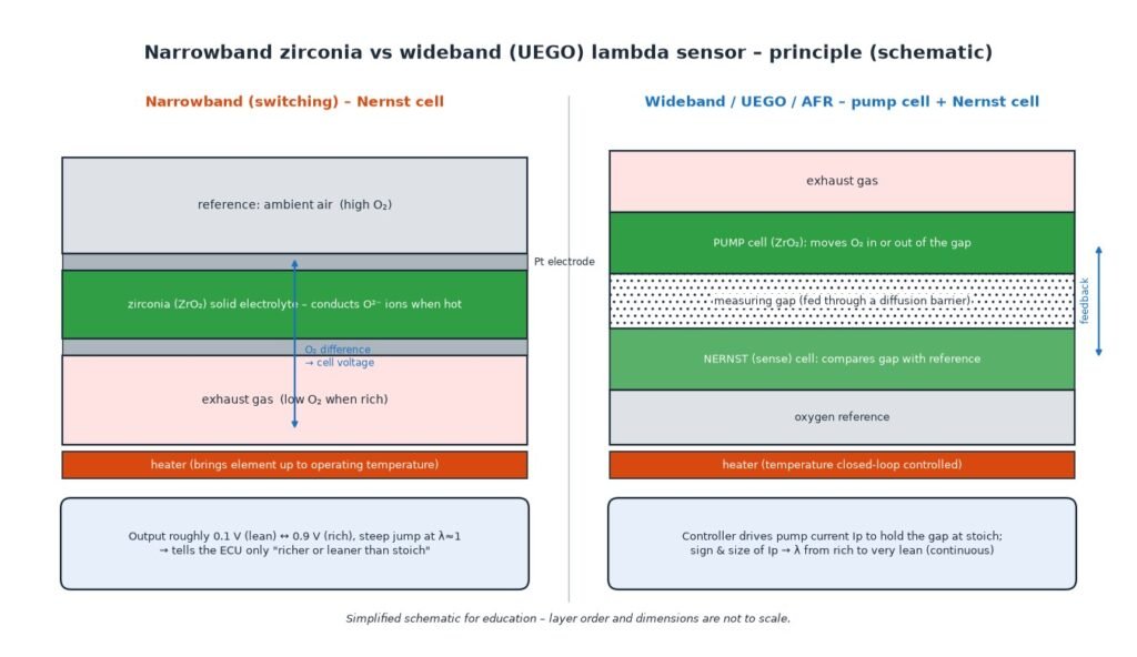 Schematic comparing a narrowband zirconia Nernst-cell lambda sensor with a wideband UEGO sensor using a pump cell, measuring gap, Nernst sense cell and heater
