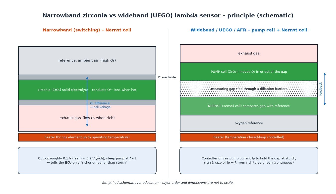 Schematic comparing a narrowband zirconia Nernst-cell lambda sensor with a wideband UEGO sensor using a pump cell, measuring gap, Nernst sense cell and heater