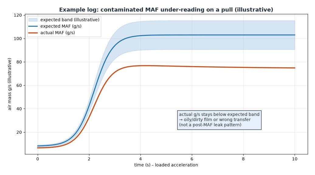 Example live-data style plot of MAF g/s during a pull with expected band and a fault pattern