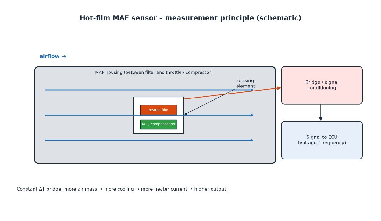 Schematic of a hot-film MAF sensor housing with sensing element, temperature compensation and signal to the ECU