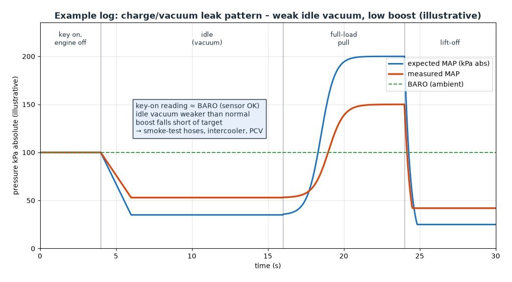 Example live-data style plot of MAP in kPa absolute from key-on BARO check through idle vacuum and a full-load pull, showing a fault pattern