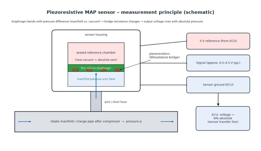 Schematic of a piezoresistive MAP sensor with silicon diaphragm, sealed vacuum reference chamber and 5 V reference, signal and ground wiring to the ECU