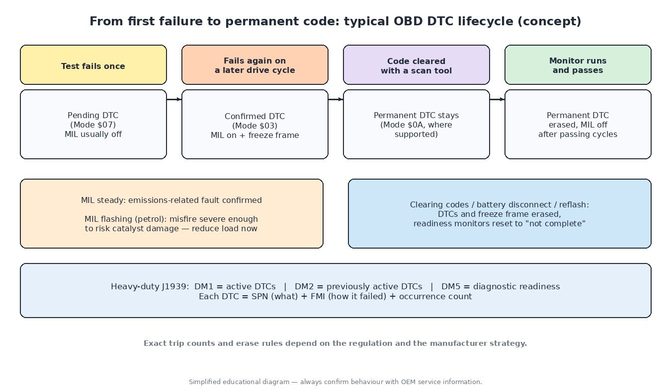 OBD DTC lifecycle diagram: pending code (Mode 07), confirmed code with MIL and freeze frame (Mode 03), permanent code (Mode 0A), MIL steady vs flashing, and J1939 DM1, DM2 and DM5 messages