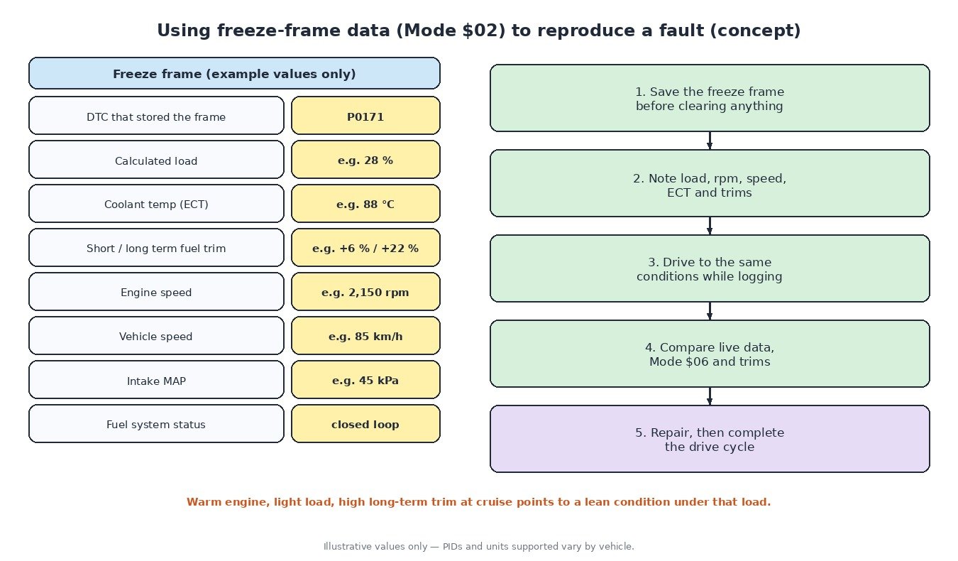 Freeze frame (Mode 02) example with DTC, calculated load, coolant temperature, fuel trims, rpm, vehicle speed and MAP, plus a five-step routine to reproduce a fault