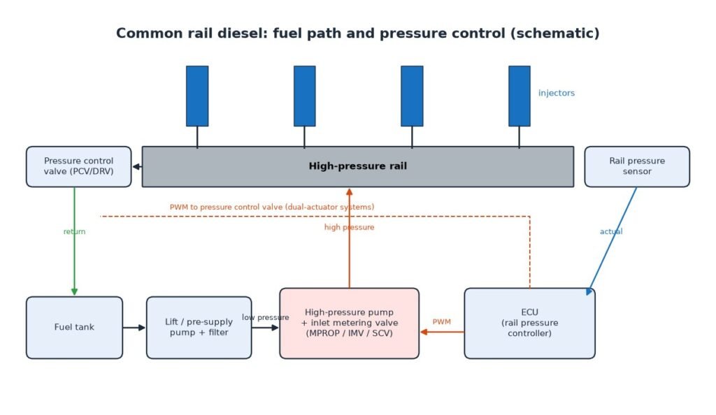 Schematic of a common rail diesel fuel system with lift pump, high-pressure pump, metering valve, rail, pressure sensor and injectors