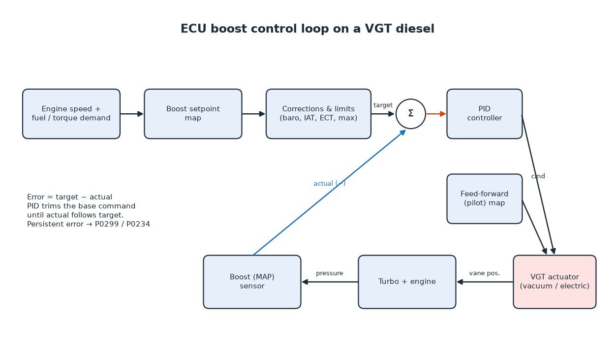 Block diagram of ECU closed-loop boost control on a VGT diesel: setpoint, corrections, PID, feed-forward, actuator and boost sensor