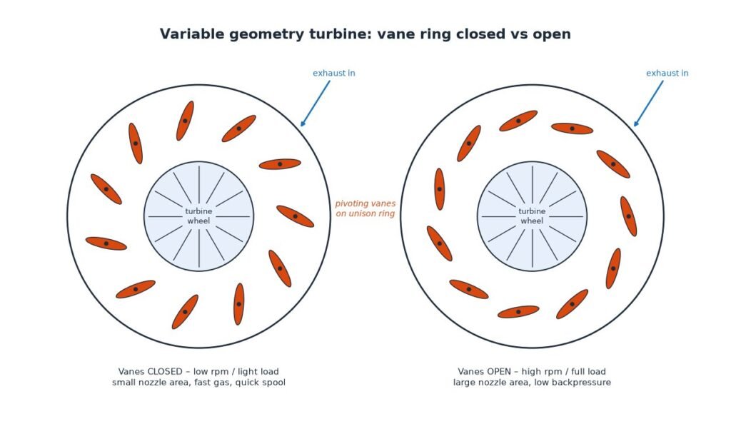 VGT vane ring closed vs open diagram showing how pivoting guide vanes change turbine nozzle area