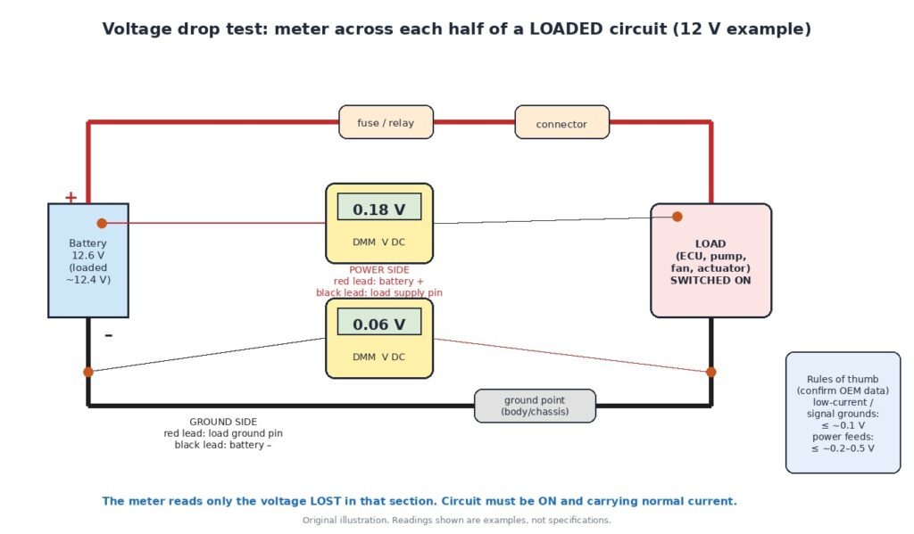 Diagram of a voltage drop test on a loaded 12 V circuit: one multimeter across the power side from battery positive to the load supply pin, another across the ground side from the load ground pin to battery negative