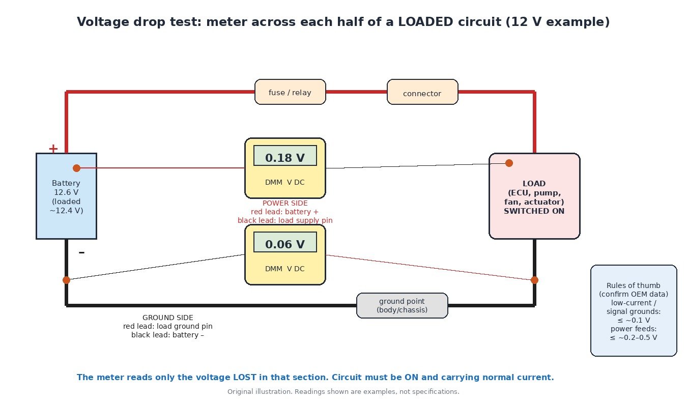 Diagram of a voltage drop test on a loaded 12 V circuit: one multimeter across the power side from battery positive to the load supply pin, another across the ground side from the load ground pin to battery negative