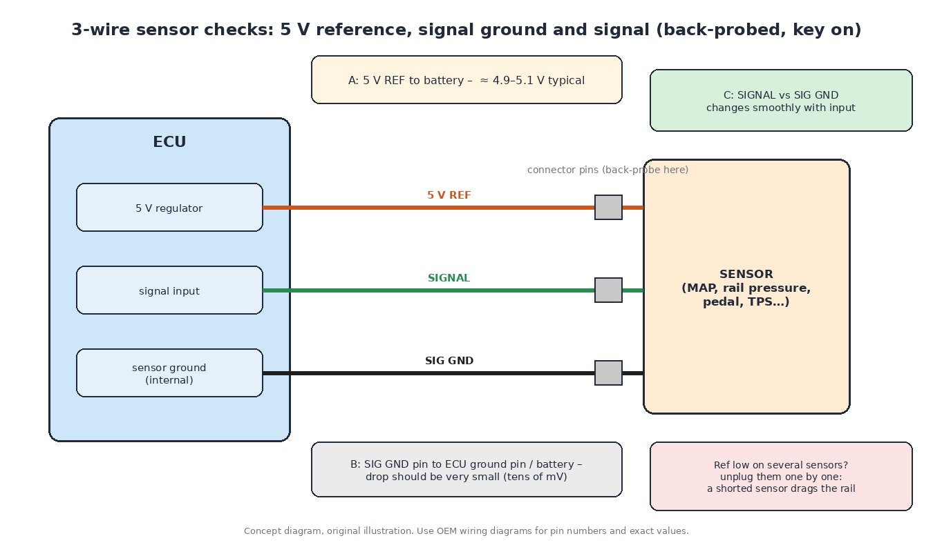 Diagram of a three-wire sensor connected to an ECU showing back-probe checks of the 5 V reference, the signal ground voltage drop and the signal voltage